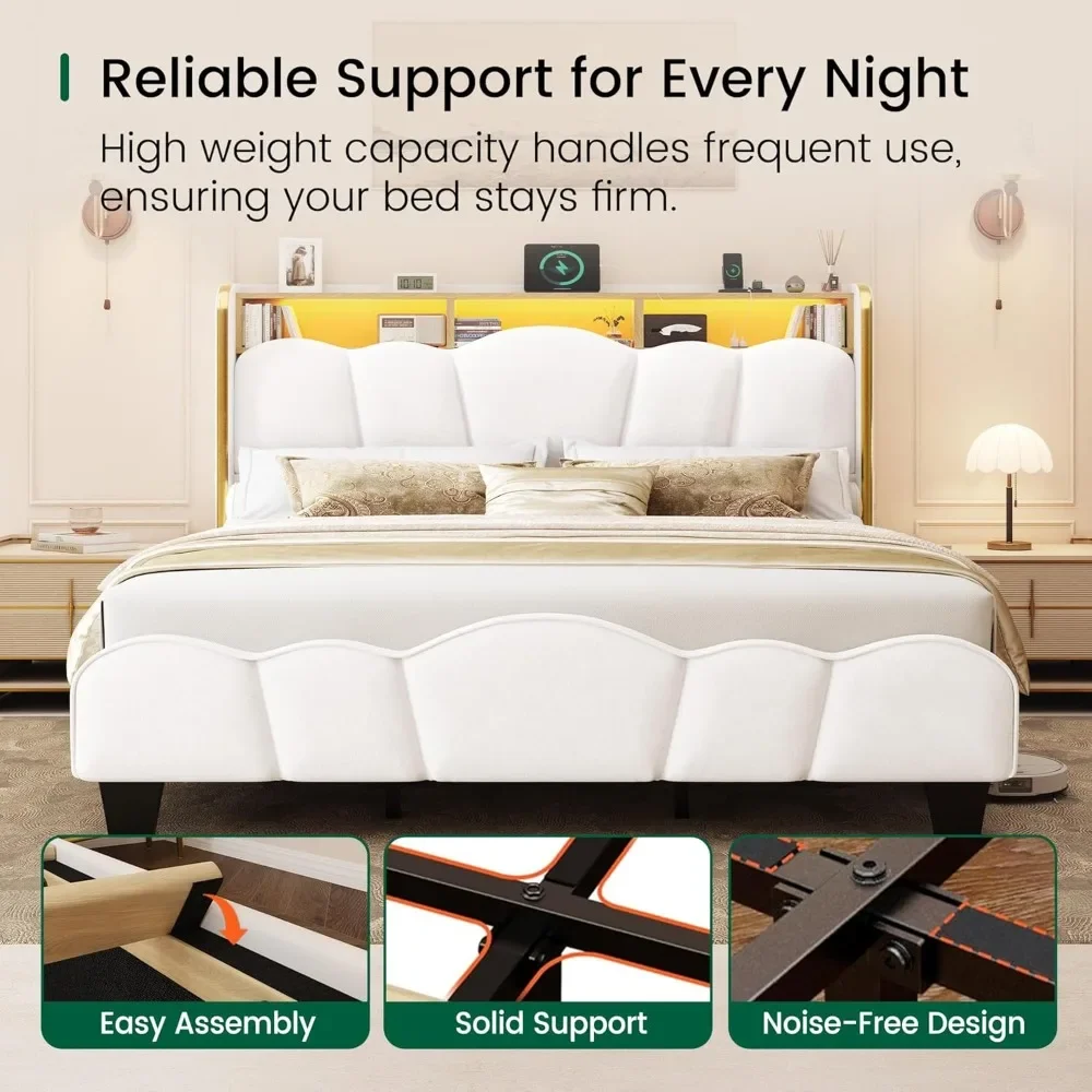 Kingsize bedframe met LED-verlichting en laadstation Fluweel gestoffeerd platformbedframe met opberghoofdeinde