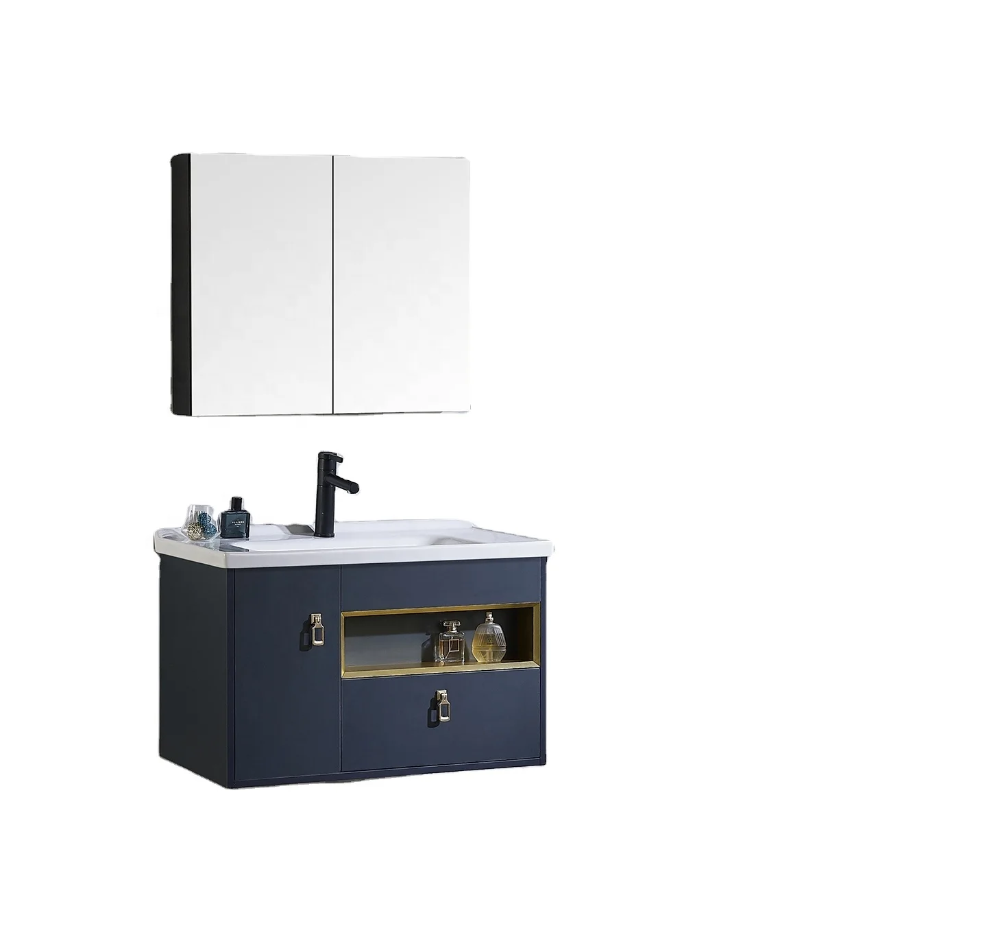 Modern Bathroom Vanity Cabinet with Ceramic Basin and Mirror Waterproof Easy to Clean Farmhouse & Apartment Use