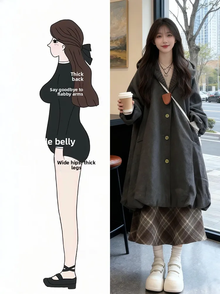 

Fall New Style Korean Long Woolen Coat Plaid Shirt High Waist Skirt Set Women's Casual High Waist Three-Piece Suit