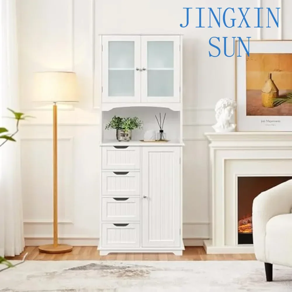 65.5″ Tall Storage Cabinet Kitchen Cupboard with Glass Door Freestanding Floor Cabinet with Open Compartment, Drawer,