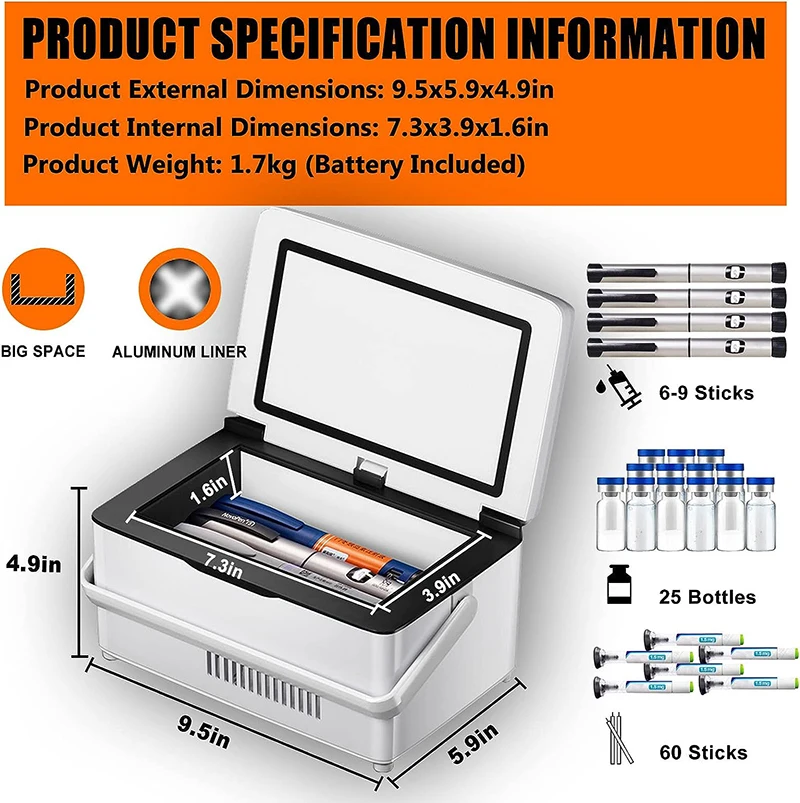 Insulin Refrigeration Box Medicine Cooler With 2 Batteries Large Capacity Car Refrigerator Suitable For Outdoor and Travel