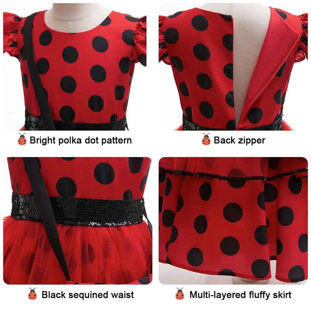 Girls Carnival Ladybug Polka Dot Dress for Girl Ladybird Princess Dress Up 6pc Set with Eye Mask,Bag,Earring Kids Birthday Party