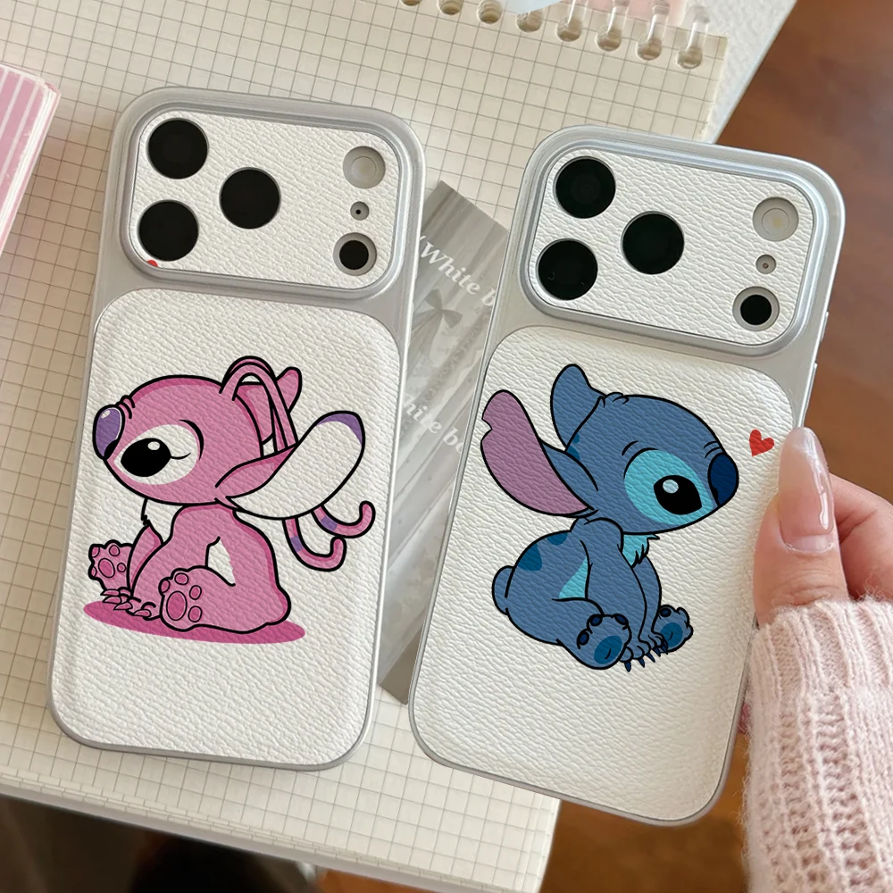 

Disney Lilo Stitch Couples Phone Case For IPhone 17 16 15 14 Electroplated Leather Shockproof Phone Accessories 13 12 11 Casing