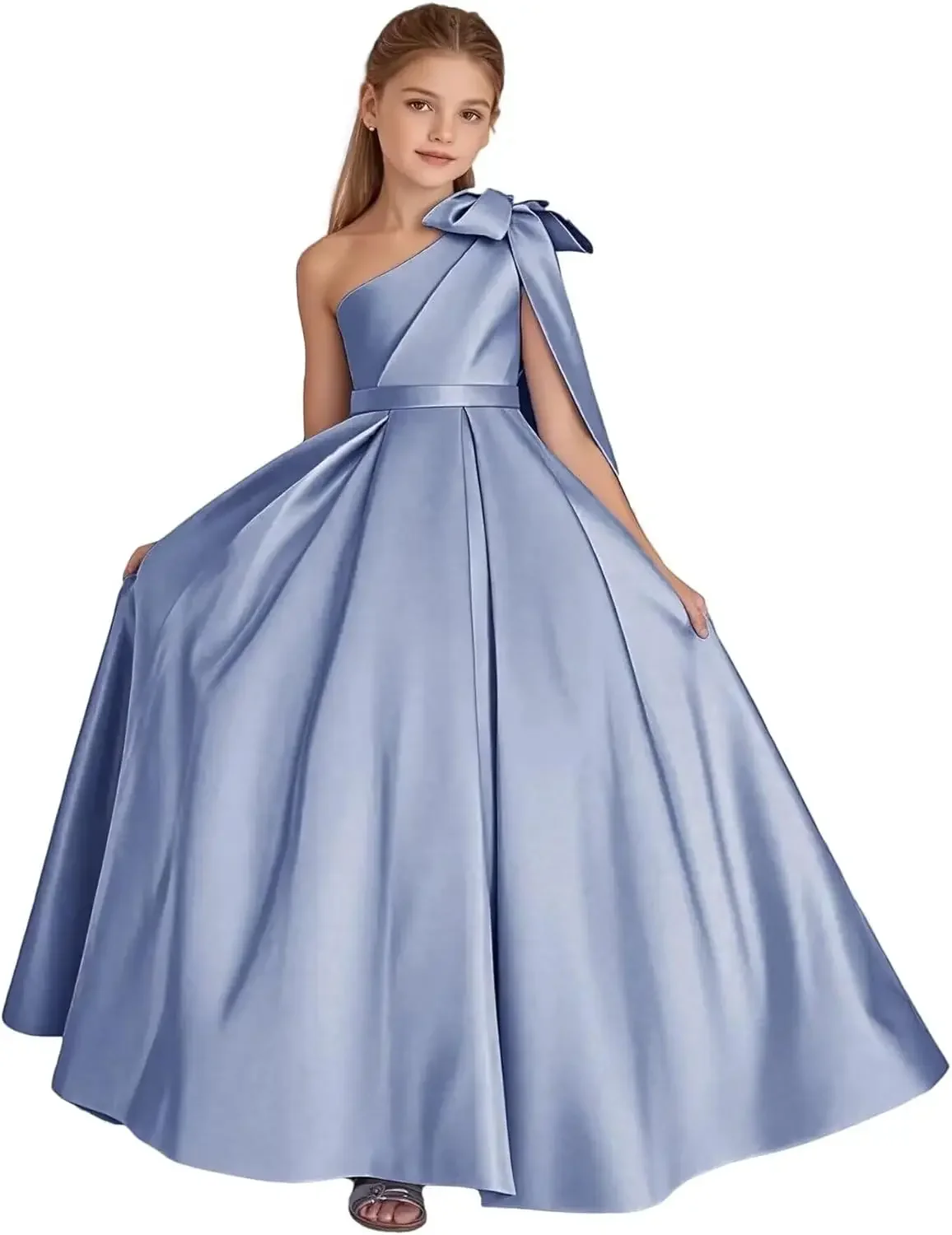 One Shoulder Satin Flower Girl Dresses Long Pageant Dresses for Girls Ball Gown with Bow princess dress  party dresses