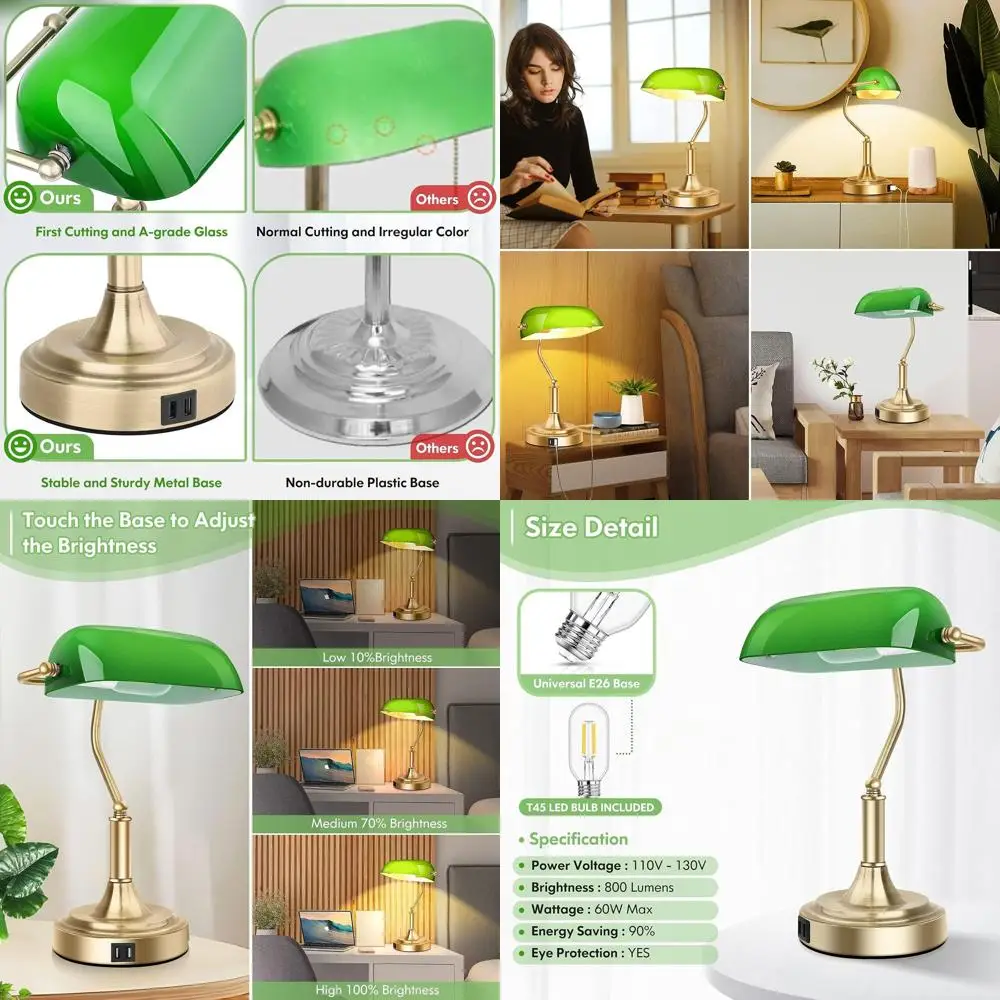 

Touch-Controlled Green Glass Desk Lamp with 2 USB Ports, 3-Way Dimmable, Vintage Style, Suitable for Home Office, Bedroom, or Pi