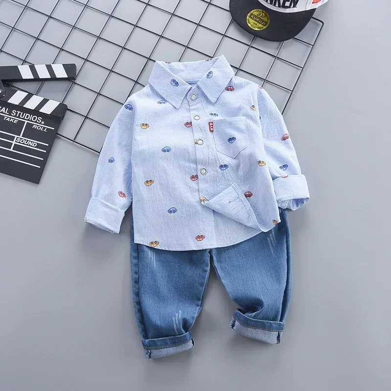 2024 New Spring Autumn Toddler Boys Clothing Set Cartoon Car Lapel Shirt + Pants 2Pcs Suit For Kids Children Casual Outfit
