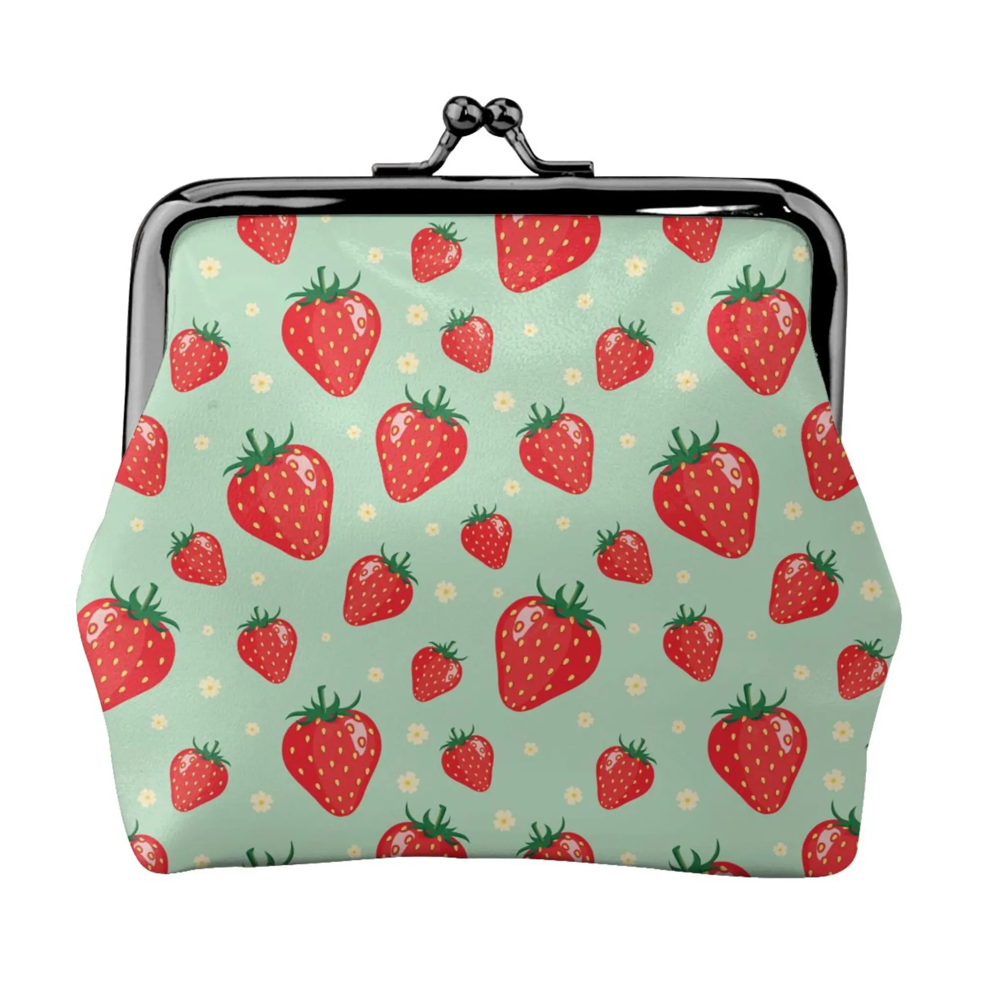 Leuke Aardbei Print Patroon Lederen Portemonnee Kawaii Kleine Kiss-Lock Veranderen Pouch Sluiting Gesp Portemonnee Voor Vrouwen meisje