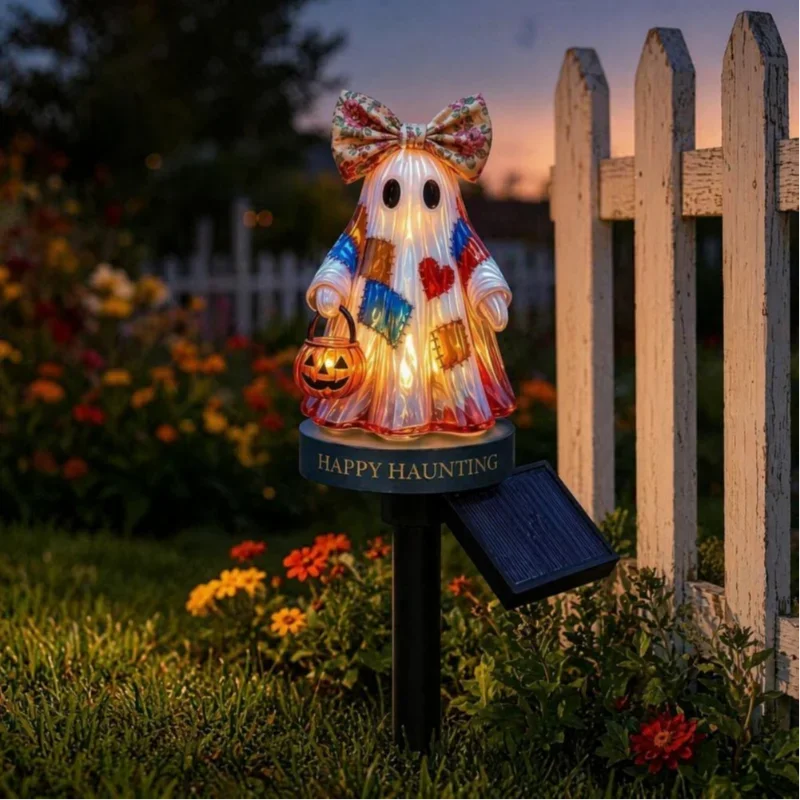 Resin Lighted Vintage Patchwork Ghost Led Lighted Patchwork Ghost Decor Halloween Patchworks Ghosts Lamp For Mantel Shelf