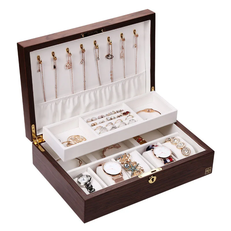 

Wooden Jewelry Storage Box Luxury Flannel Jewelry Organizer with Lock Large Dustproof Watch Necklace Earrings Ring Display Case