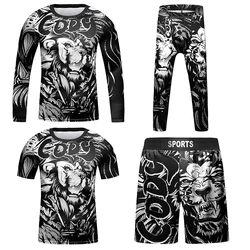 Lion Print Rashguard For Kids 4PCS Sport Suit MMA Compression T-Shirt+Pant Muay Thai Shorts Children Jiu Jusit Bjj Clothing