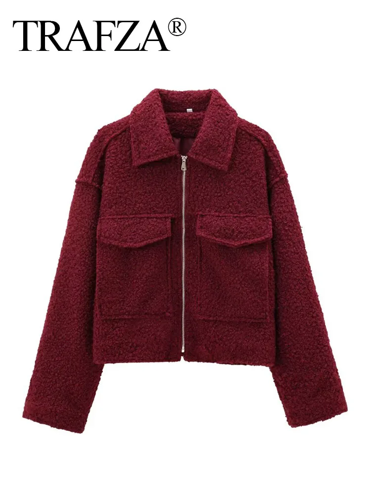 TRAFZA Autumn Women Bouclé Fashion Short Jacket Bouclé Long Sleeve Pocket Zipper Polo Collar Jacket Women Top Street Coat Mujer