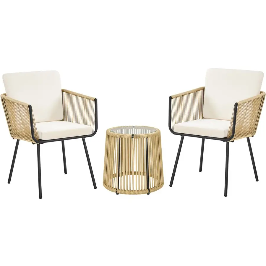 

Комплект садовой мебели из ротанга из 3 предметов, всепогодный комплект для отдыха на открытом воздухе из искусственного ротанга с 2 стульями и столом с закаленным стеклом