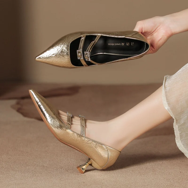 

New style one-strap gold pointed-toe high-heeled shoes for women, low-heeled single shoes, stunning and elegant silver autumn