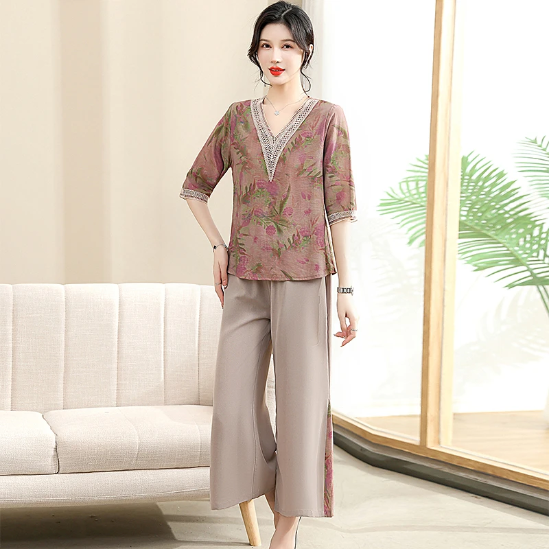 Summer 2 Piece Sets Women Casual Outfit Elegant Loose Wide Leg Pants and V-Neck Half Sleeve Short Sleeve Blouse Women Pant Sets