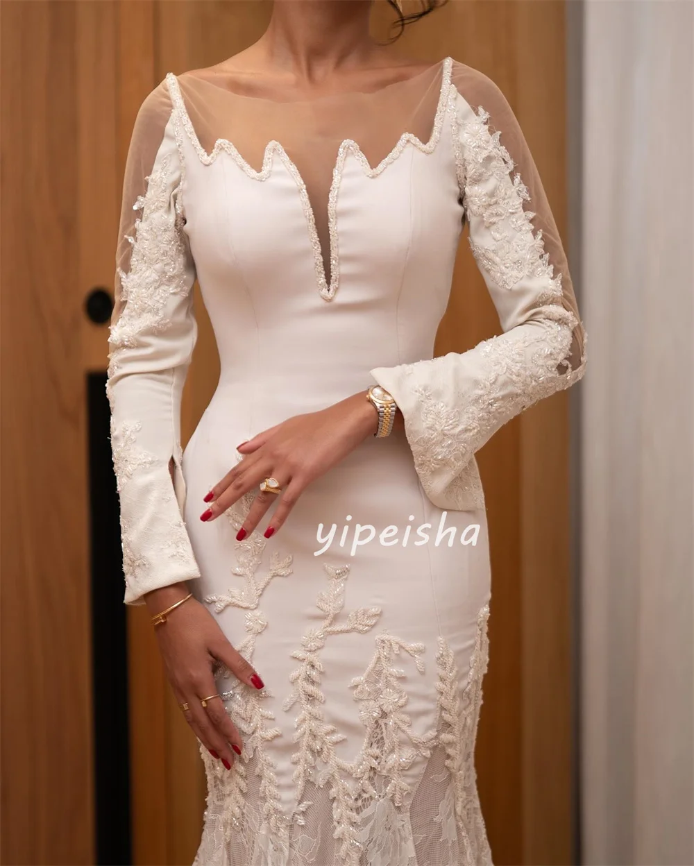 Personalizzato squisito intricato jersey pizzo perline sirena scollo rotondo abiti lunghi abiti da occasione su misura abbinati alla moda