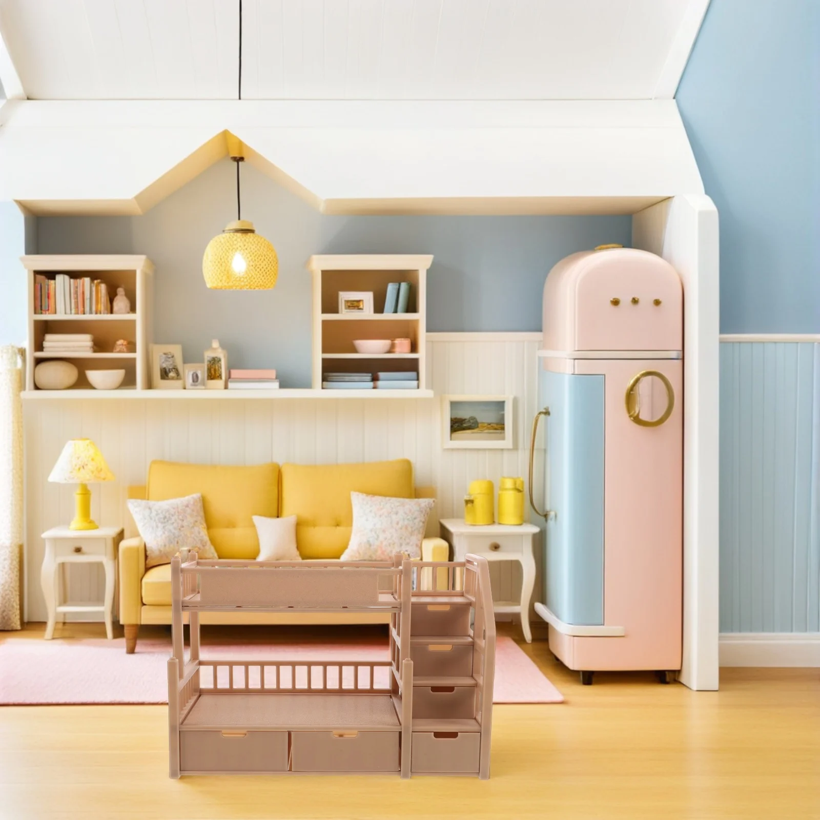 シミュレーションミニチュア二段ベッド木製仕上げダブル構造広々とした引き出し子供の寝室の装飾ドールハウス家具