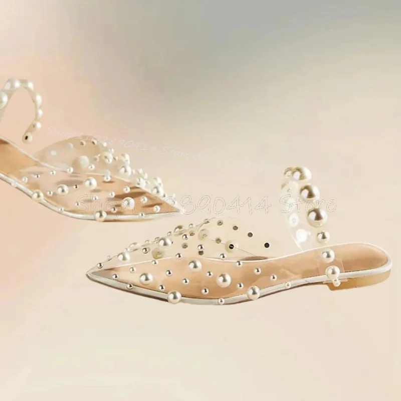 

White Pearl Decor PVC Pointed Toe Pumps Slip On Women Shoes Low Top Fashion Party Feast Banquet Dating 2025 Zapatos Para Mujere