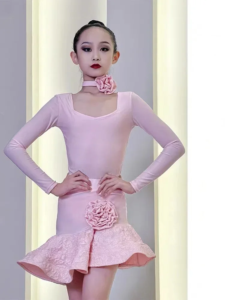 autumn and winter new Latin dance dress children's training dress girls dance dress white simple long-sleeved suit