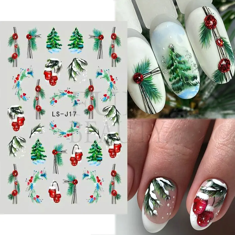 Adesivi per unghie di natale biscotti di pan di zenzero di natale cursori di foglie di agrifoglio inverno Snowy capodanno Santa Candy decalcomanie Manicure LS-J15