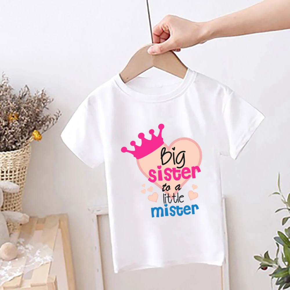 Big Sister To A Little Mister Print Family Matching Shirt Sister & Brother Sibling Outfit Kid Short Sleeve T-shirt Baby Bodysuit