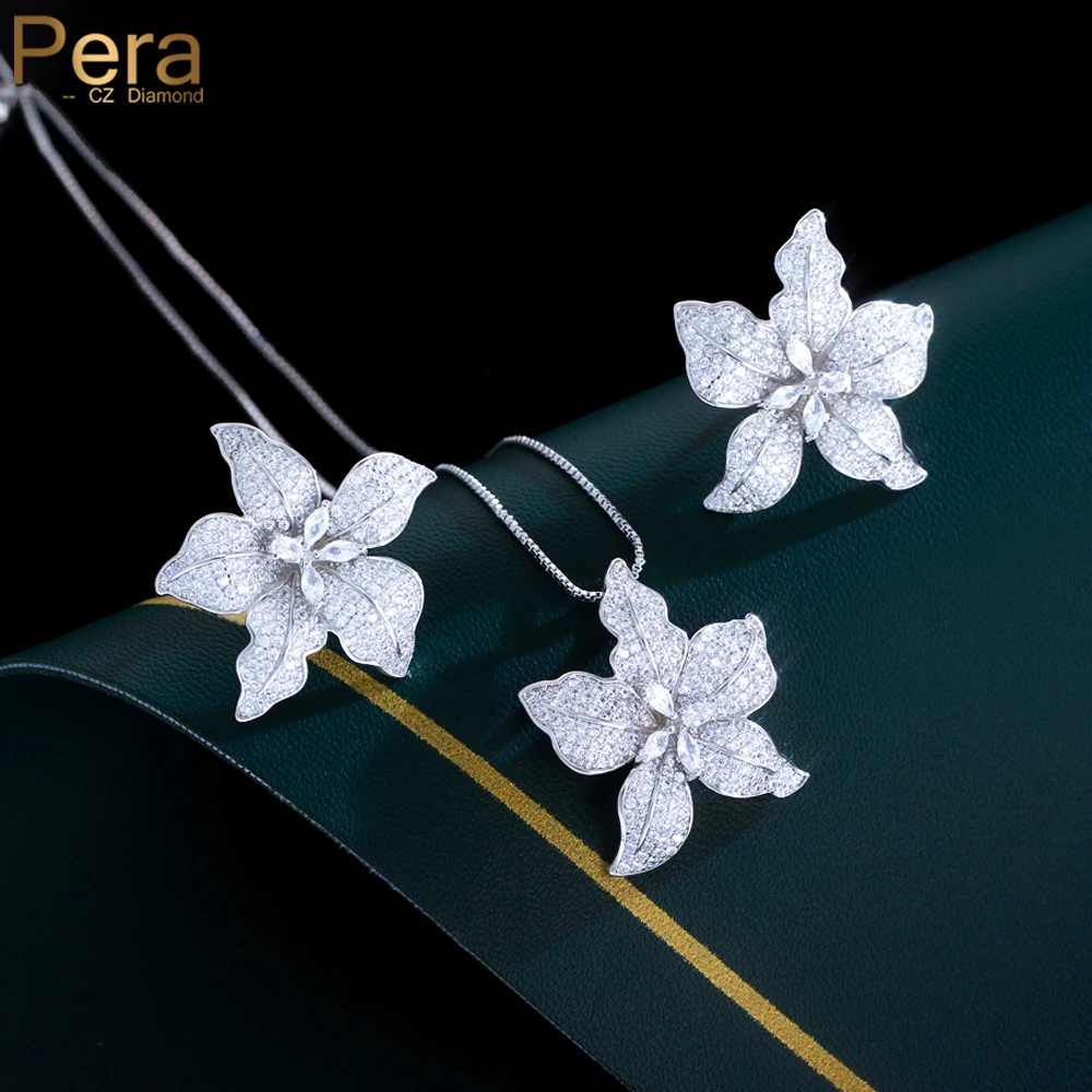 Pera Fashion Sparkling White CZ Big Flower Charm Pendant Necklace Earrings Jewelry Sets for Women Birthday Party Night Gift J574