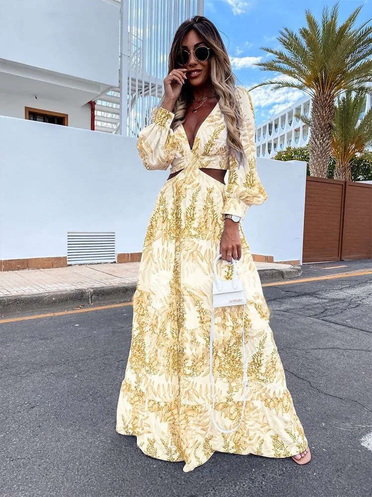 

Fashion Spliced ​​printed Hollow V-neck Long-sleeved Dress Women Summer Vacation Dress For Women 2025