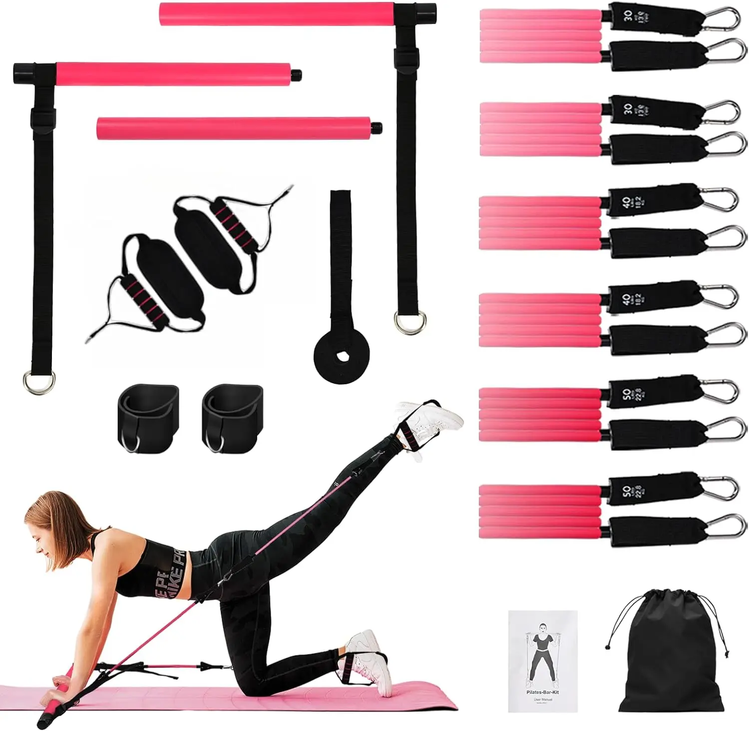 Pilates Bar Kit mit 6 elastischen Latex-Widerstands bändern, Home Yoga-Set, 3-teiliger Pilates-Bar