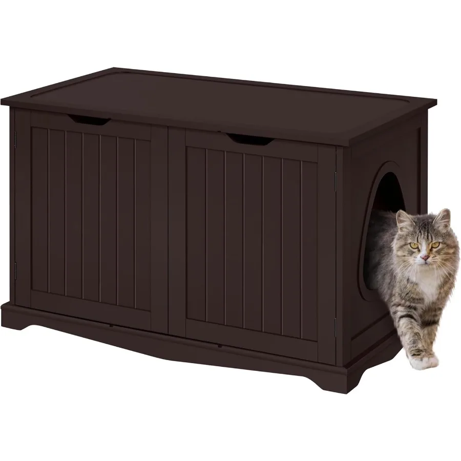 

Cat Litter Box Enclosure Litter Cabinet Furniture Hidden Wooden Pet Crate Kitty Washroom Storage Bench with Divider for Indoor
