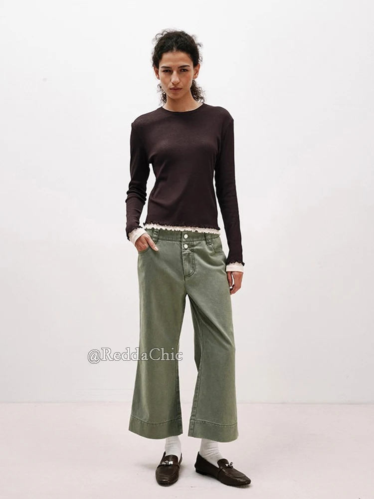 REDDACHiC Trendy Wide Leg Cropped Jeans for Women Vintage Double Buttons High Waist Bootcut Pants Bell Bottoms Y2k Everyday Wear