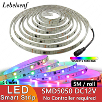 Control-Free 5M RGB Smart LED Pixel Strip DC 12V WS2811 SMD 5050 30LEDs/M IP65 Waterproof 2811 Digital Light Bar White PCB 2811B