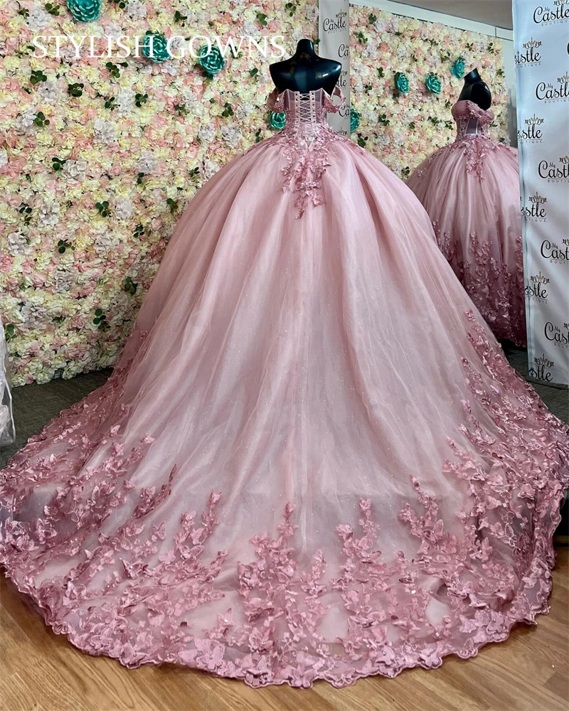 

Pink Butterfly 3D Flower Quinceanera Dresses Bead Birthday Dress Women 2024 Off The Shoulder Ball Gown Formal Dresses Customized