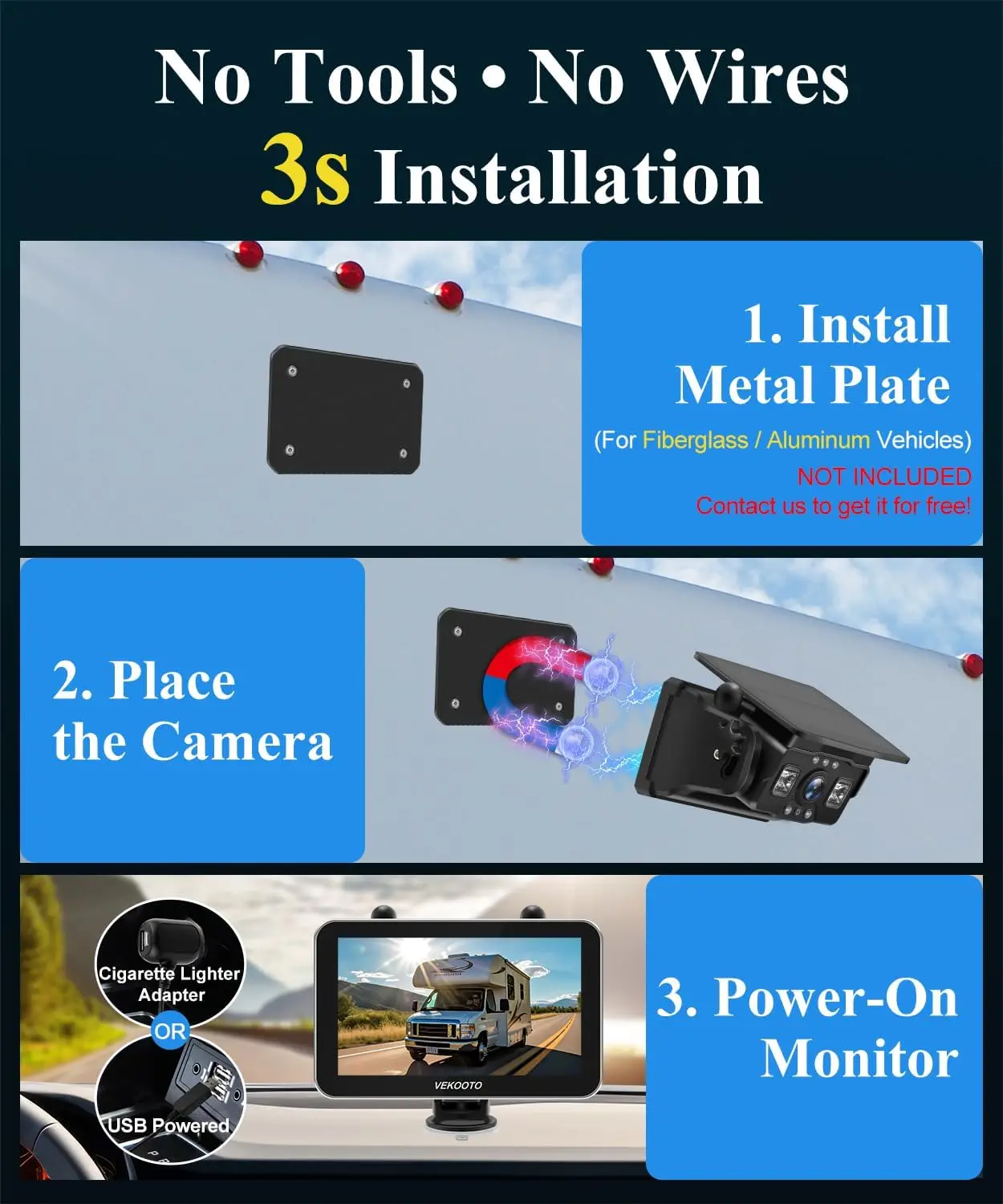 VK7Pro Magnetic Solar Wireless Rear View Backup Camera 7'' 4CH IPS Touchscreen Monitor DVR Recording HD 1080P Night Vision IP69 Waterproof 15800mAh Rechargeable No Wiring Easy Install for Hitching Gooseneck Horse Trailer RV Camper Car Truck