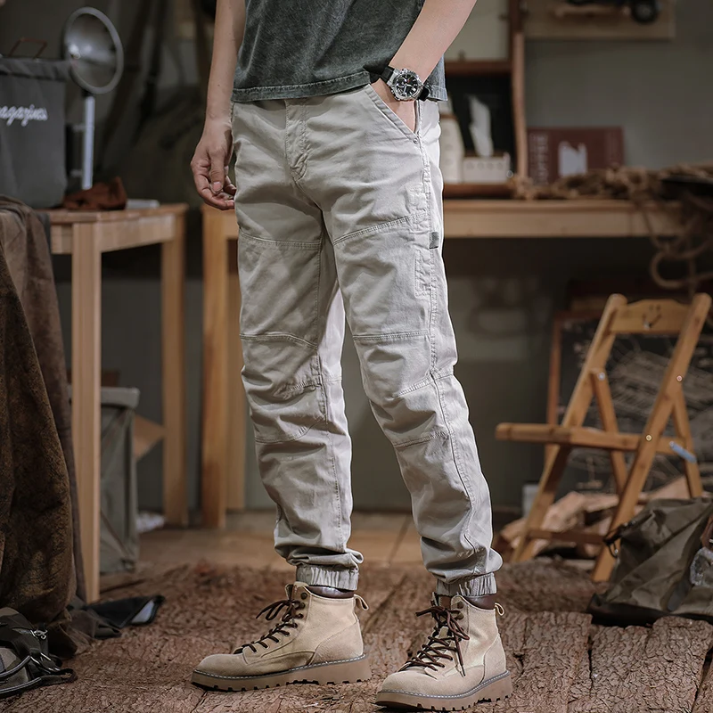 

American Sle Men's Workwear Pants Spor Cuffed Casual Trousers Spring Trendy Brand Youthful Cotton Elastic Waist Pants