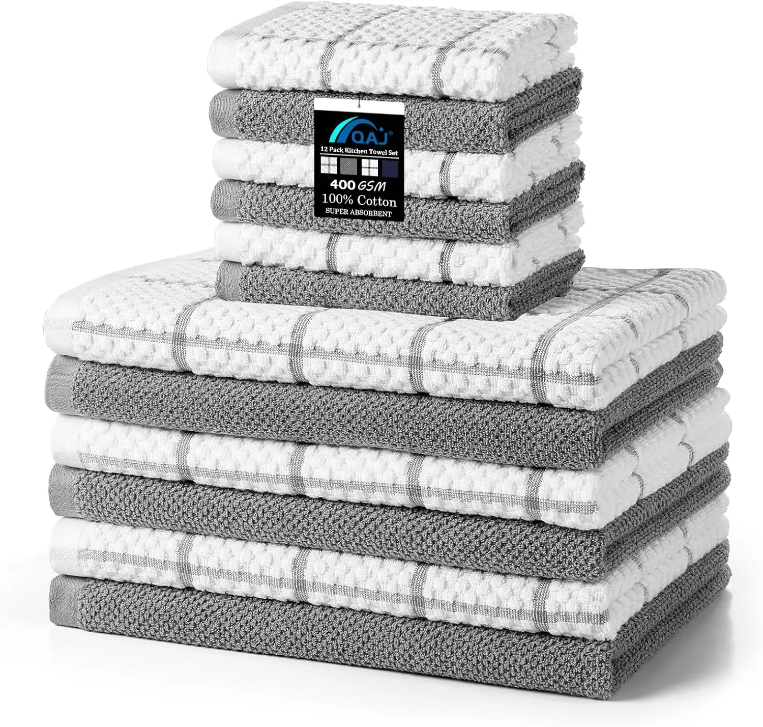 

12 Pack Cotton Kitchen Towels and Dishcloths Set, Soft Absorbent 16x25in & 13x13in for Home