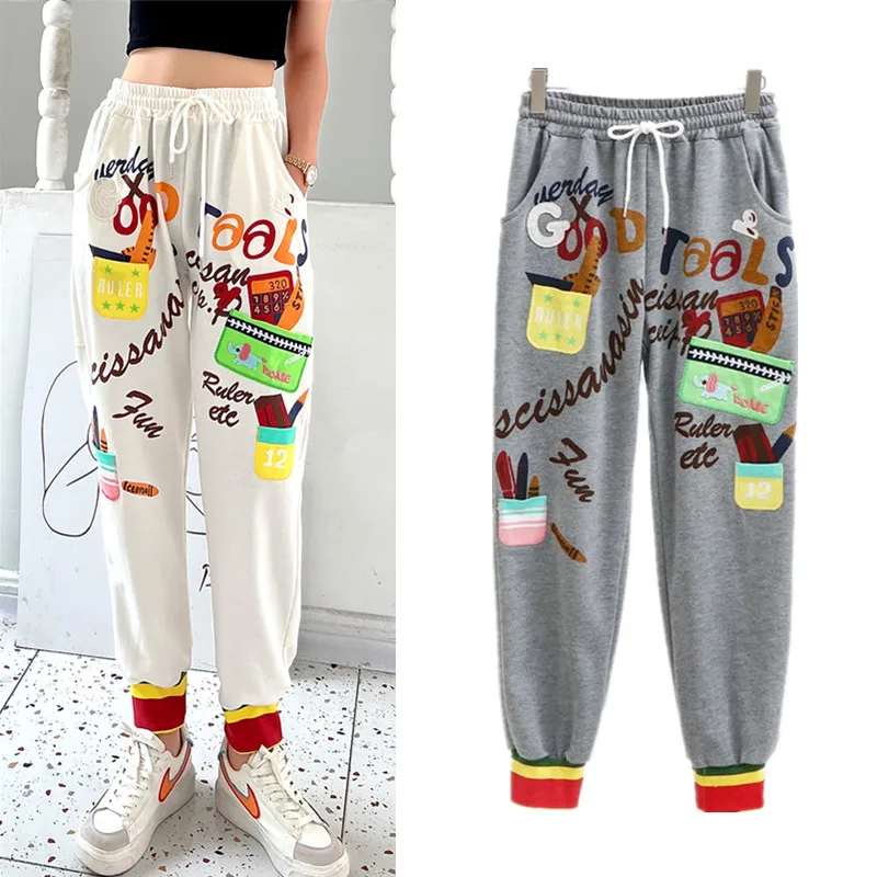 Women Sweat Pant Harajuku Cartoon Printed Trousers Jogger Cotton Embroidery Applique Street Pant Casual Sweatpant Autumn NZ14