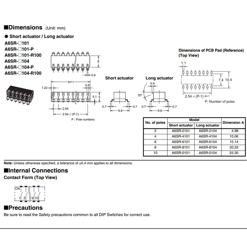 1pcs/lot Japan A6SR-8104 SMD DIP Switch 8 pos Piano Key Side to Side 8P Flat Code 2.54