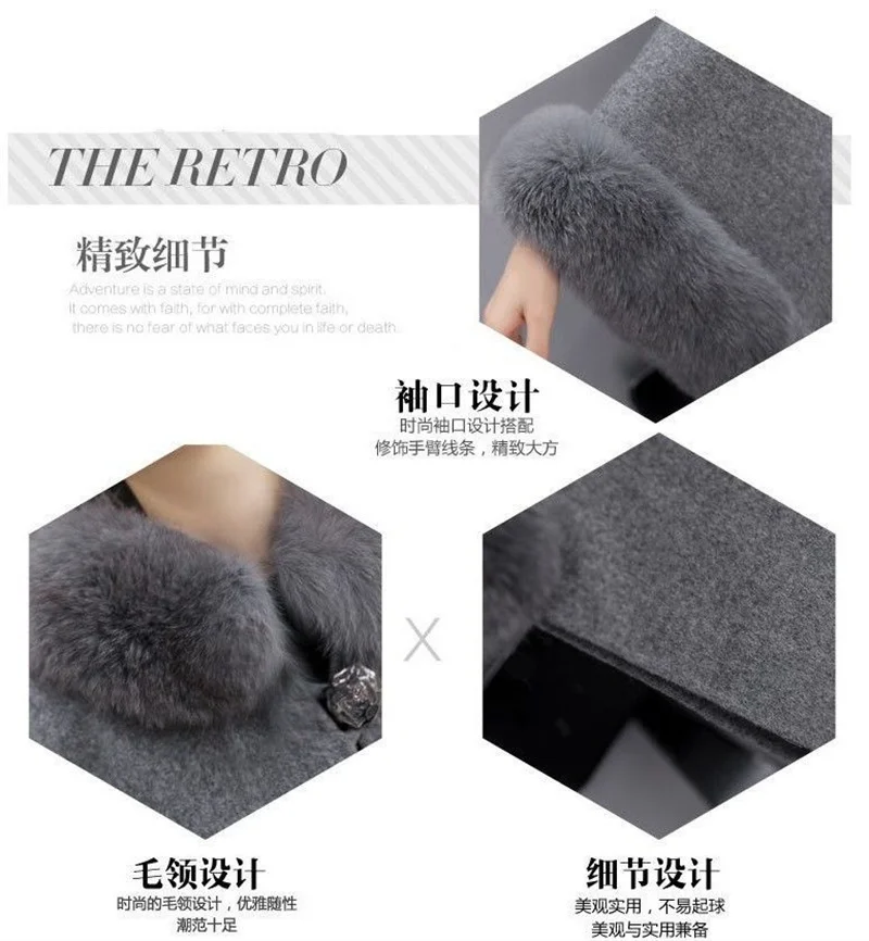 Hepburn Wind Woolen Women's Autumn and Winter Mid length Thickened Woolen Coat Imitation Rabbit Hair Collar Women's Clothing Clo