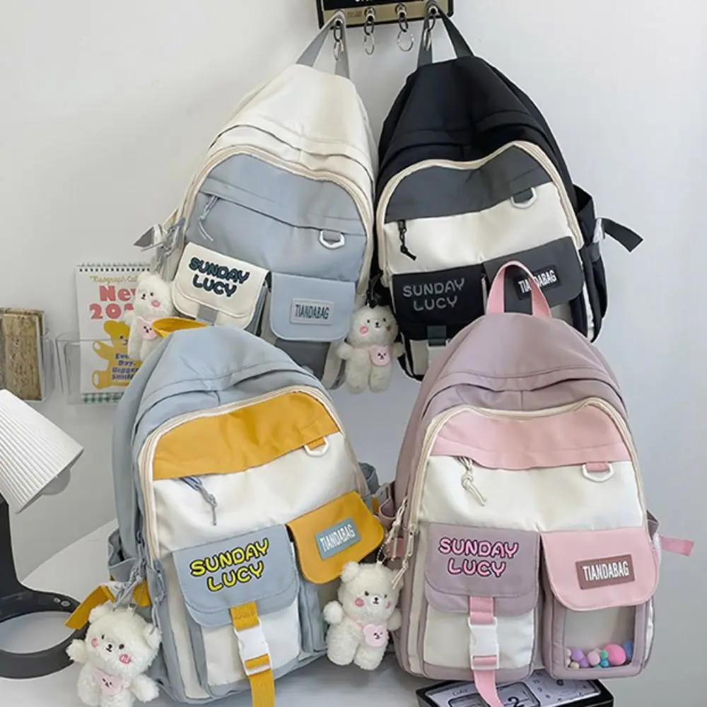 

Nylon Large Capacity Backpack Canvas Double Zipper Korean Style School Bag Commute with Bear Pendant Casual Knapsack Unisex