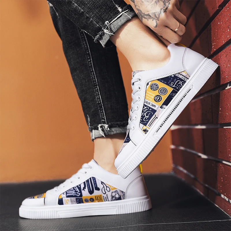 Yellow Casual Men\'s Shoes Fashion Graffiti Vulcanized Sneakers Men Designer Canvas Shoes Unisex Streetwear Hip Hop Sneakers Male