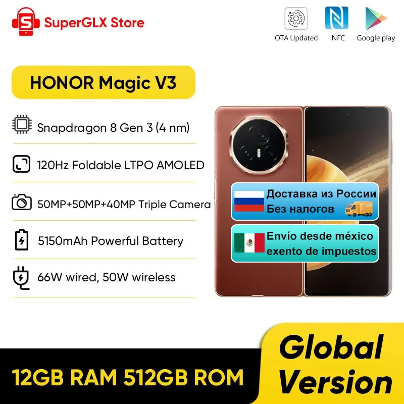 الإصدار العالمي Honor Magic V3 5G قابل للطي LTPO AMOLED شاشة 120 هرتز 7.92 بوصة 50 ميجابكسل كاميرات ثلاثية سنابدراجون 8 Gen 3 5150mAh 66W NFC