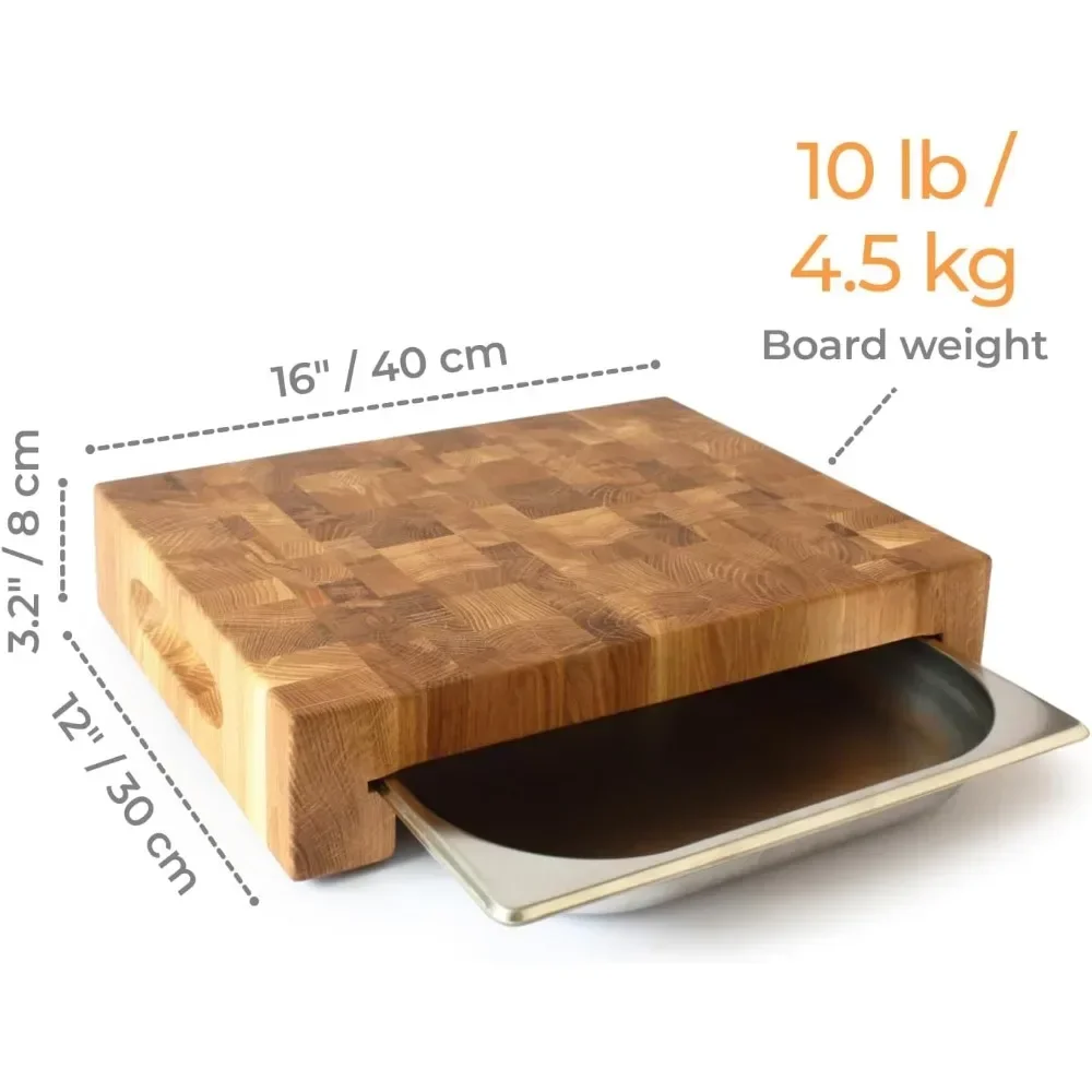 Wooden Board End Grain Butcher Block Cutting Board - Heavy Duty Meat Chopping Board With Stainless Steel Drip Tray Handles Wood