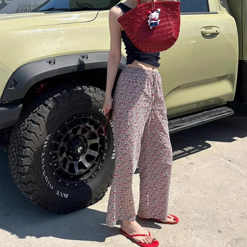 Summer Thin Wide Leg Pants High Waist Loose Fit Casual Nine Points Stroll for Women Vacation Style Comfortable Polyester