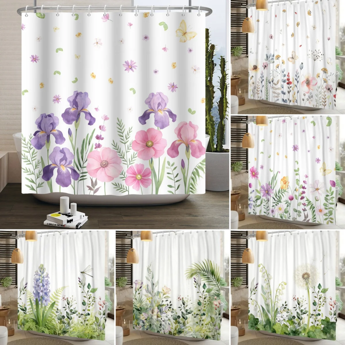 Plant Leaves Flower Shower Curtain Waterproof Bathroom Decor Natural Style Floral Theme Splash Resistant Partition Bath Curtains
