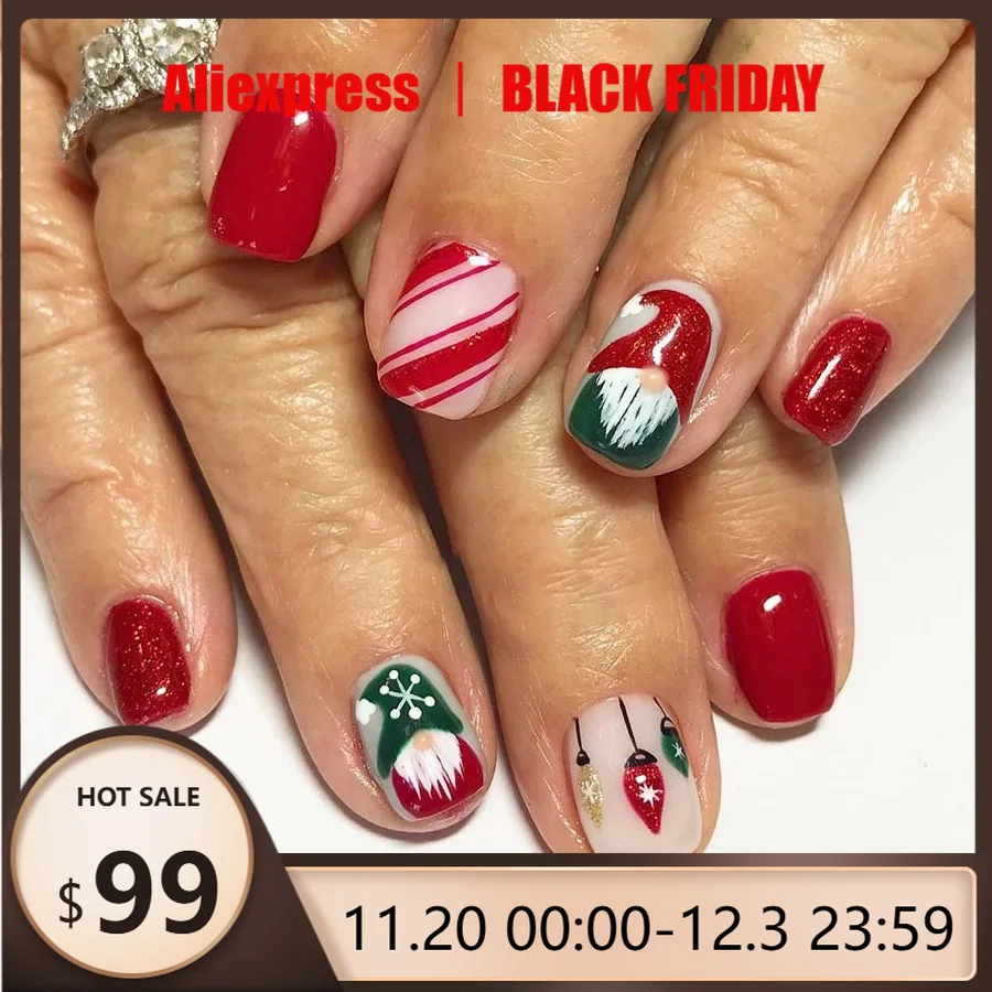 

24 шт. Красный Санта с красочным светом Дизайн Рождественские советы по дизайну ногтей Короткий квадратный пресс для ногтей Многоразовые ногти с полным покрытием для женщин