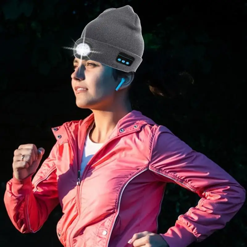 قبعة صغيرة مع ضوء للرجال والنساء، قبعة صغيرة لاسلكية LED للجنسين مع سماعة رأس للرجال والنساء والمشي والتخييم والمشي لمسافات طويلة
