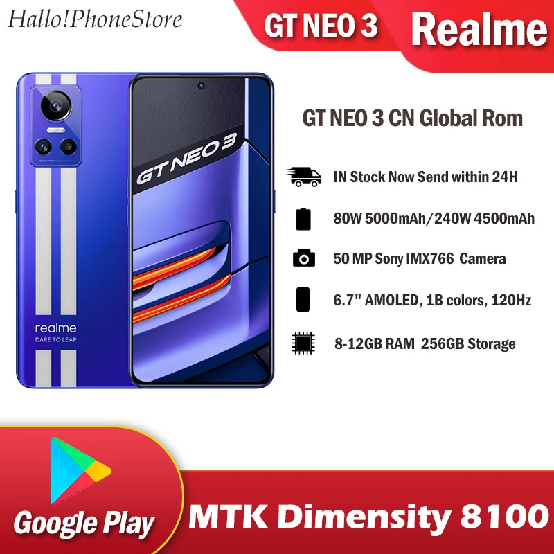 NEW Realme GT Neo3 5G Smart Phone 80W/150W 120HZ IMX766 SuperCharge Dimensity 8100 LPPDR5 NFC Android 12 Google play 50MP