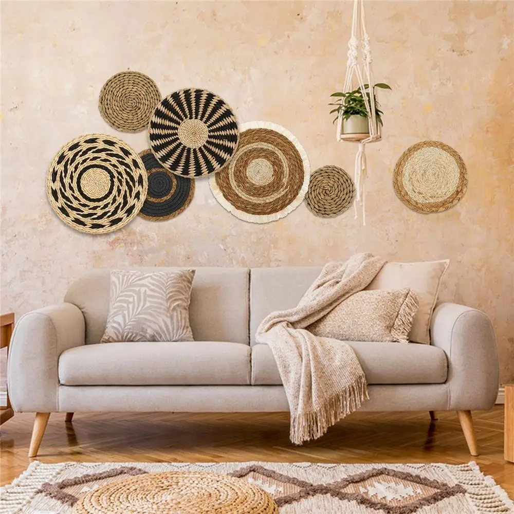 7PCS Boho Wall Baskets Seagrass Rattan Wicker Handmade Wall Art Room Decor Round Shape Hanging Wall Basket