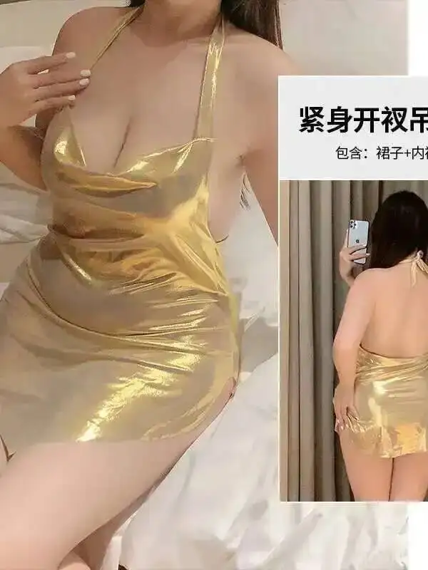 Glanzende Swingende Gouden Kraag Senior Vrouwen Vork Gordel Zomer Split Hip Wrap Pittig Meisje Sexy Slim Fit Slanke Jurk Meisje 6EAS