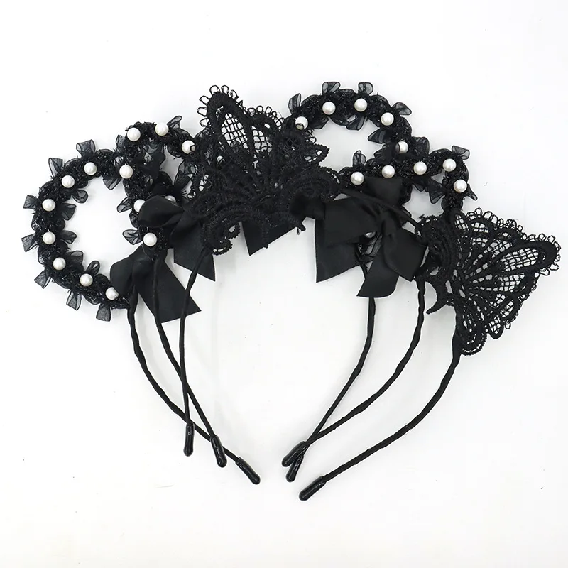 Bandeau de noël en dentelle pour les cheveux, oreilles de chat, Sexy, noir, couvre-chef amusant, robe de vacances