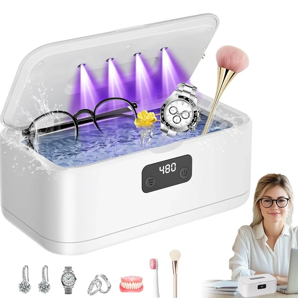 Machine de nettoyage à ultrasons avec lampe UV intégrée, nettoyeur sonique compact haute fréquence pour appareils buccaux, montres, outils cosmétiques, nettoyeur multi-usages